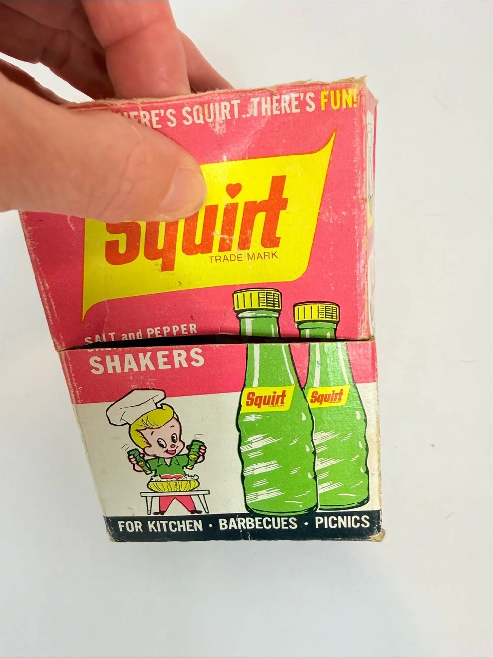 Vintage Squirt Soda Salt & Pepper Shakers Glass With Plastic Top Damaged Box